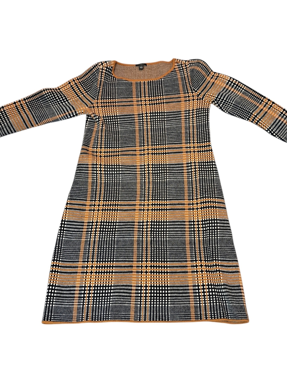 Ann Taylor Petite SP Plaid Sweater Dress Wool Blend Black Brown 3/4 Sleeve